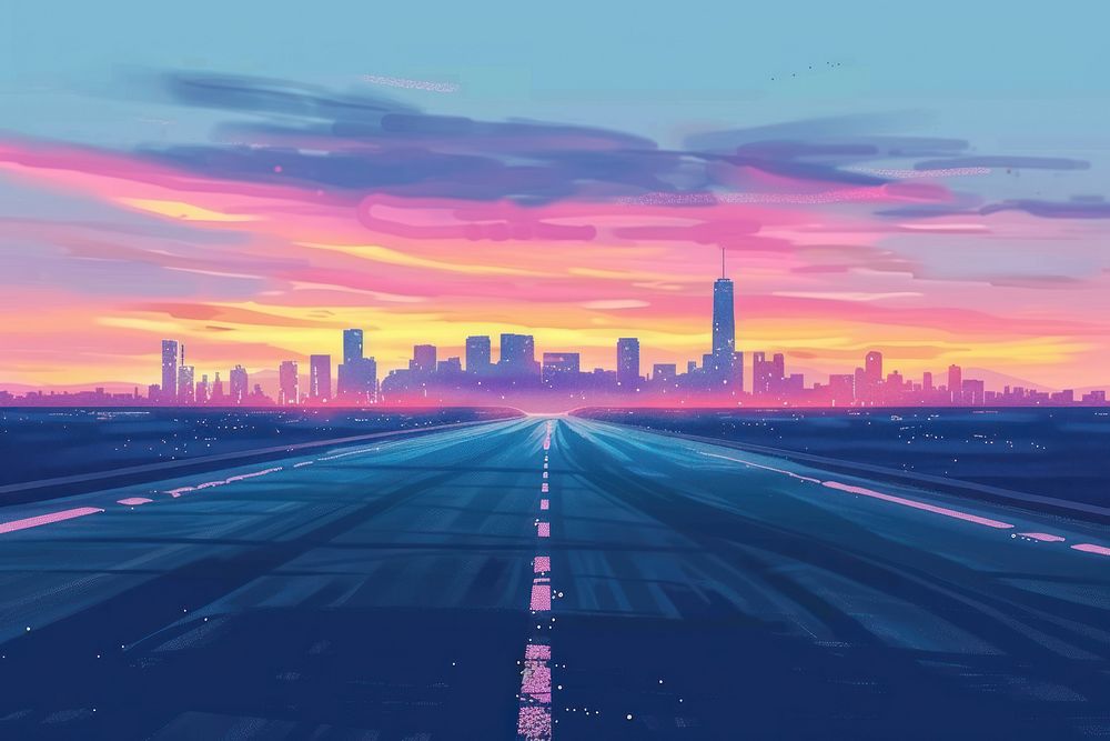 Illustration empty asphalt road with city skyline architecture cityscape outdoors.
