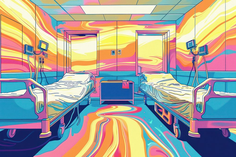 Illustration Empty double room in a hospital architecture cartoon line.