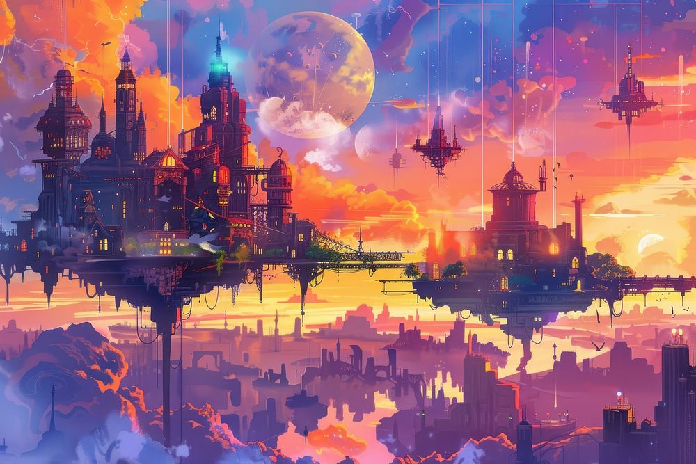 Illustration Fantasy world with floating islands and steampunk city backgrounds outdoors painting.
