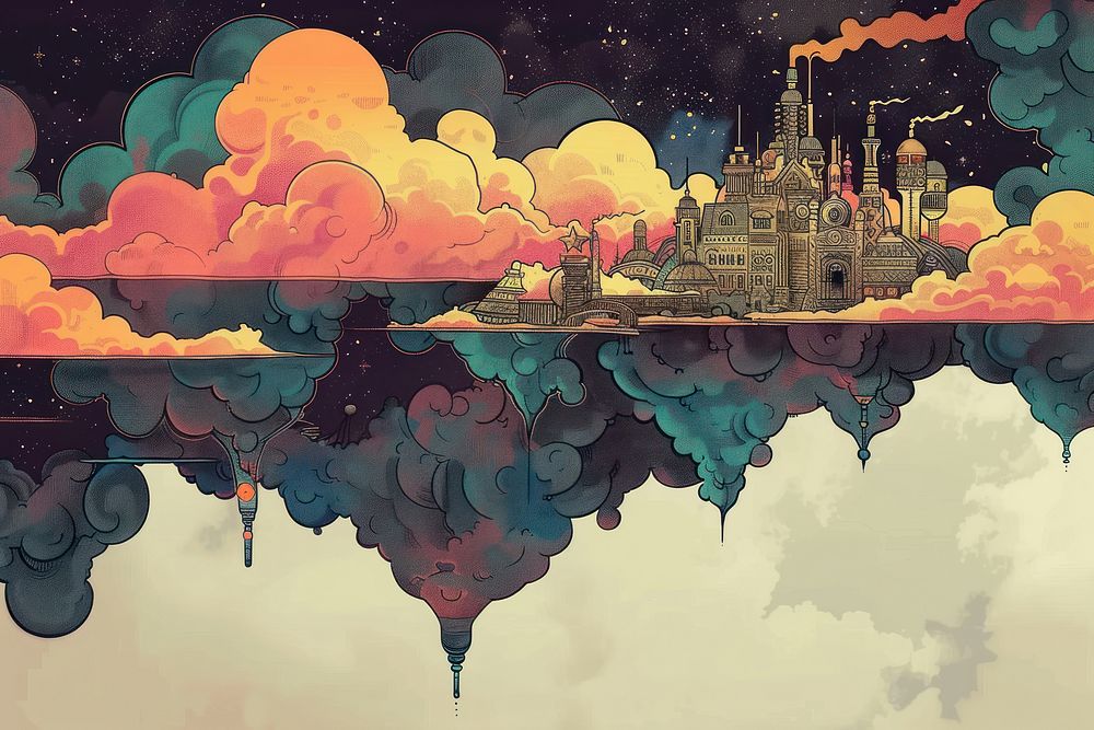 Illustration Fantasy world with floating islands and steampunk city painting cartoon transportation.