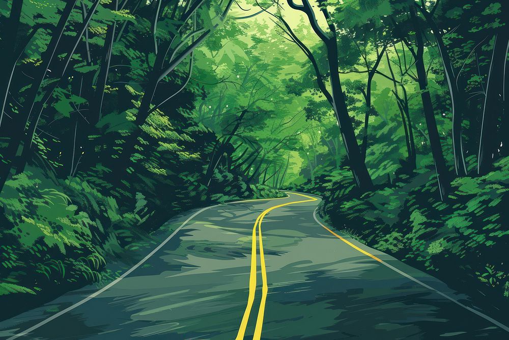 Illustration Flat view of road through green forest landscape outdoors highway.
