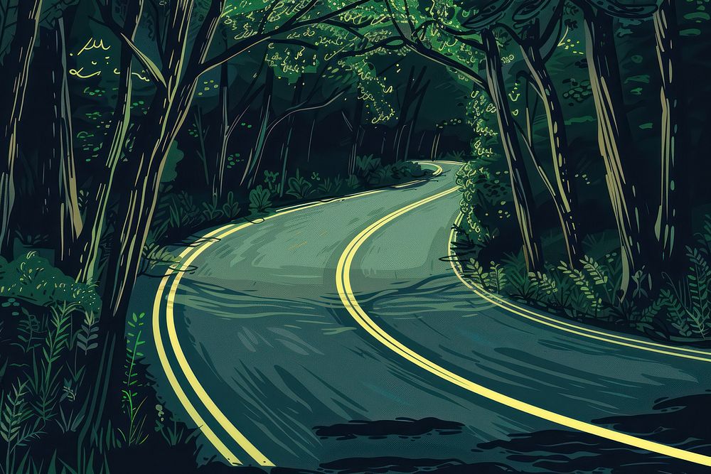 Illustration Flat view of road through green forest outdoors asphalt highway.