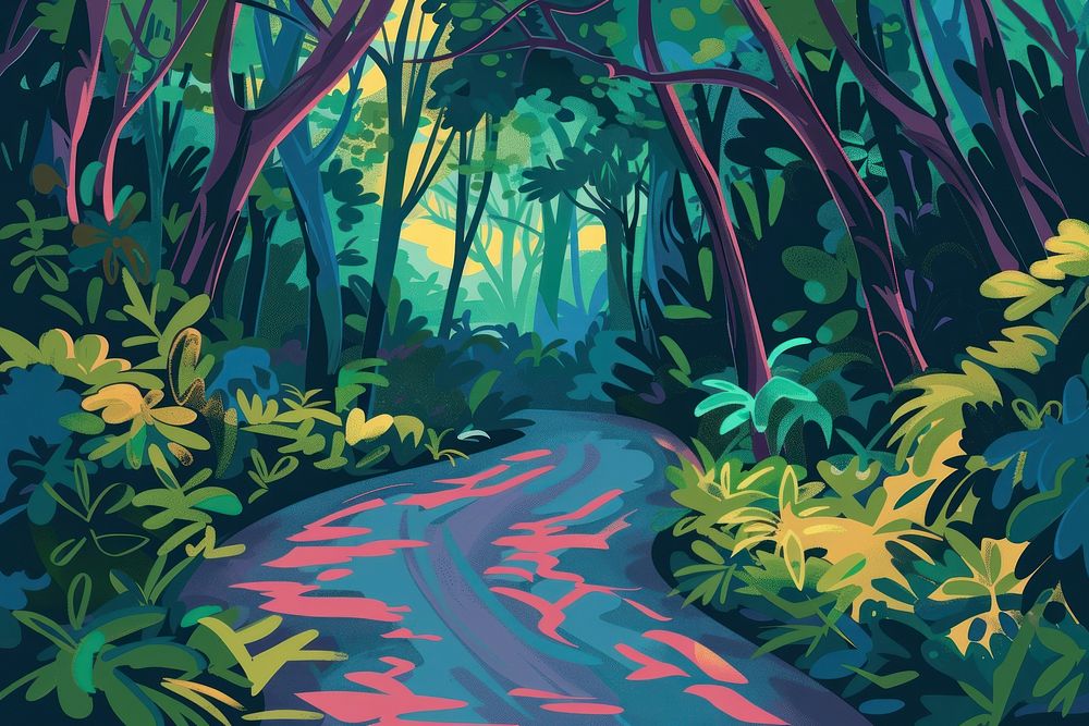 Illustration Flat view of road through green forest painting vegetation outdoors.