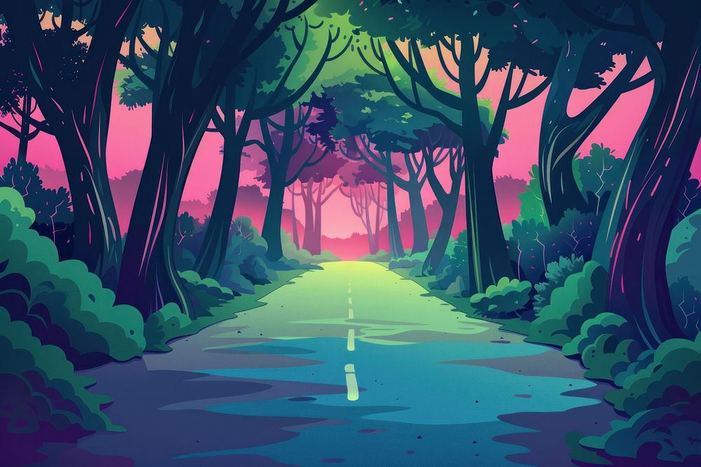 Illustration Flat view of road through green forest landscape outdoors painting.