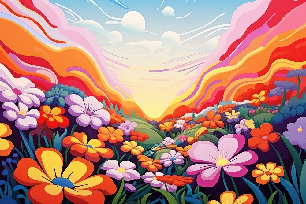 Illustration Flowers field sunny day painting backgrounds outdoors.