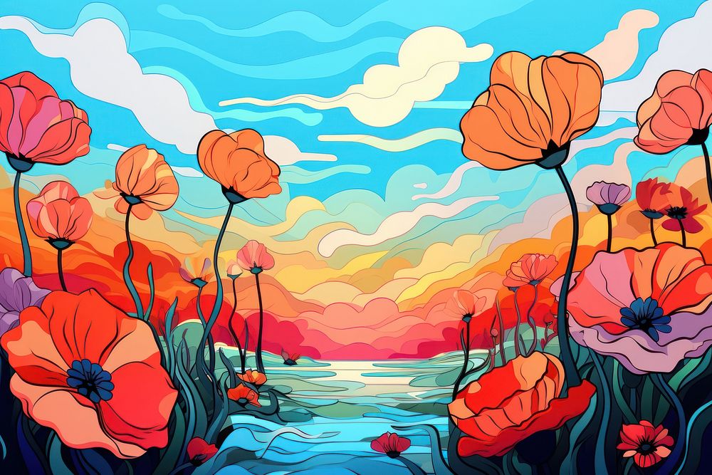 Illustration Flowers field sunny day painting flower backgrounds.