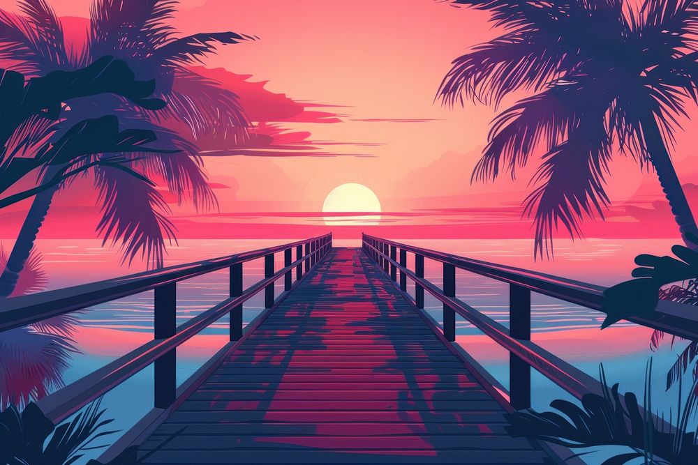 Illustration footbridge to the beach at sunrise outdoors horizon nature.
