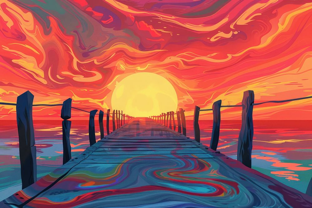 Illustration footbridge to the beach at sunrise painting backgrounds outdoors.