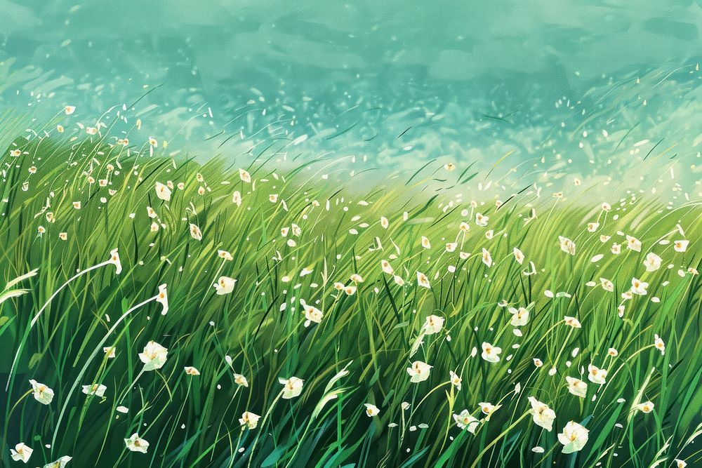 Illustration Grass field with white flowers grass backgrounds outdoors.