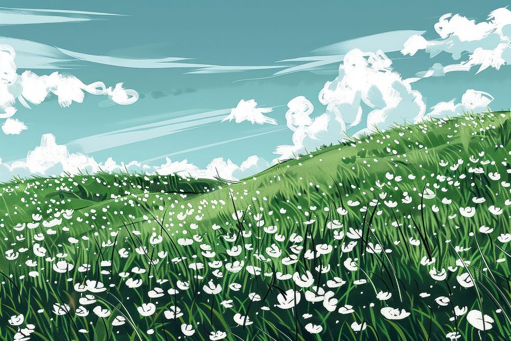 Illustration Grass field with white flowers grass backgrounds grassland.