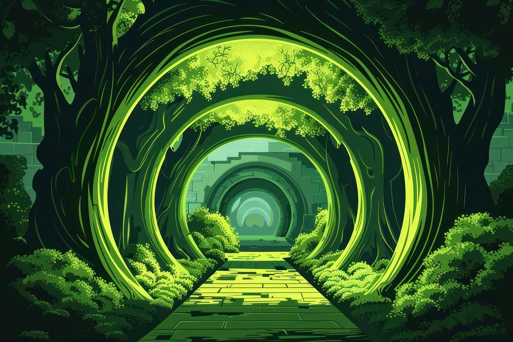 Illustration green forest tunnel arch corridor outdoors nature plant.