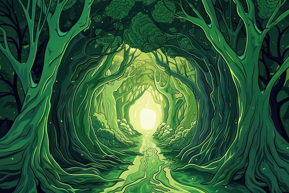 Illustration green forest tunnel arch corridor backgrounds painting pattern.