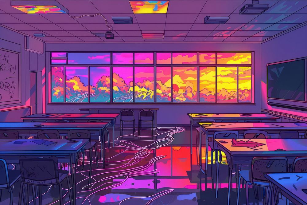 Illustration High school classroom in the Evening time restaurant furniture table.