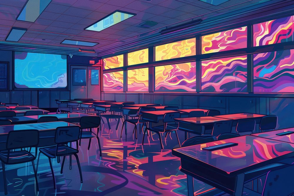 Illustration High school classroom in the Evening time architecture restaurant furniture.