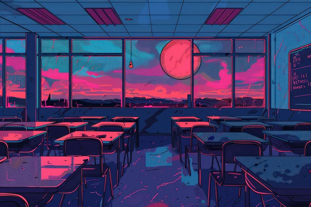 Illustration High school classroom in the Evening time architecture restaurant table.