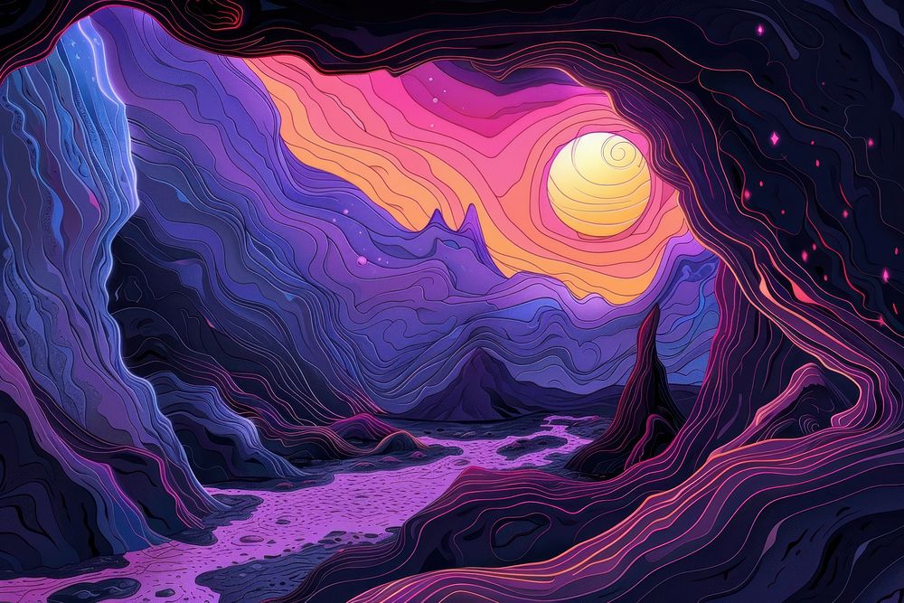 Illustration landscape moon dark caves backgrounds mountain pattern.