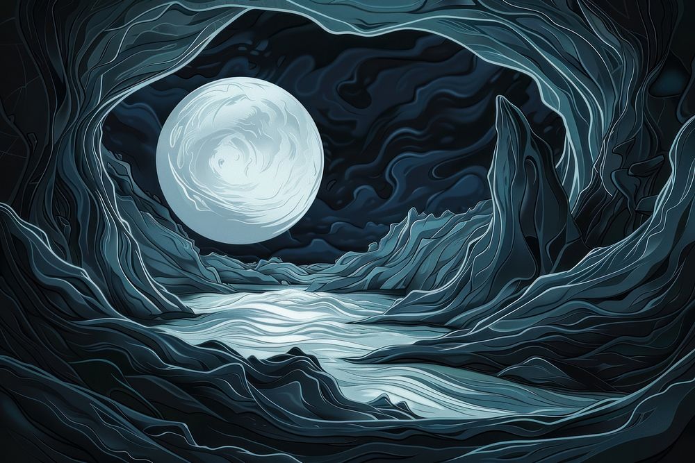 Illustration landscape moon dark caves backgrounds painting nature.