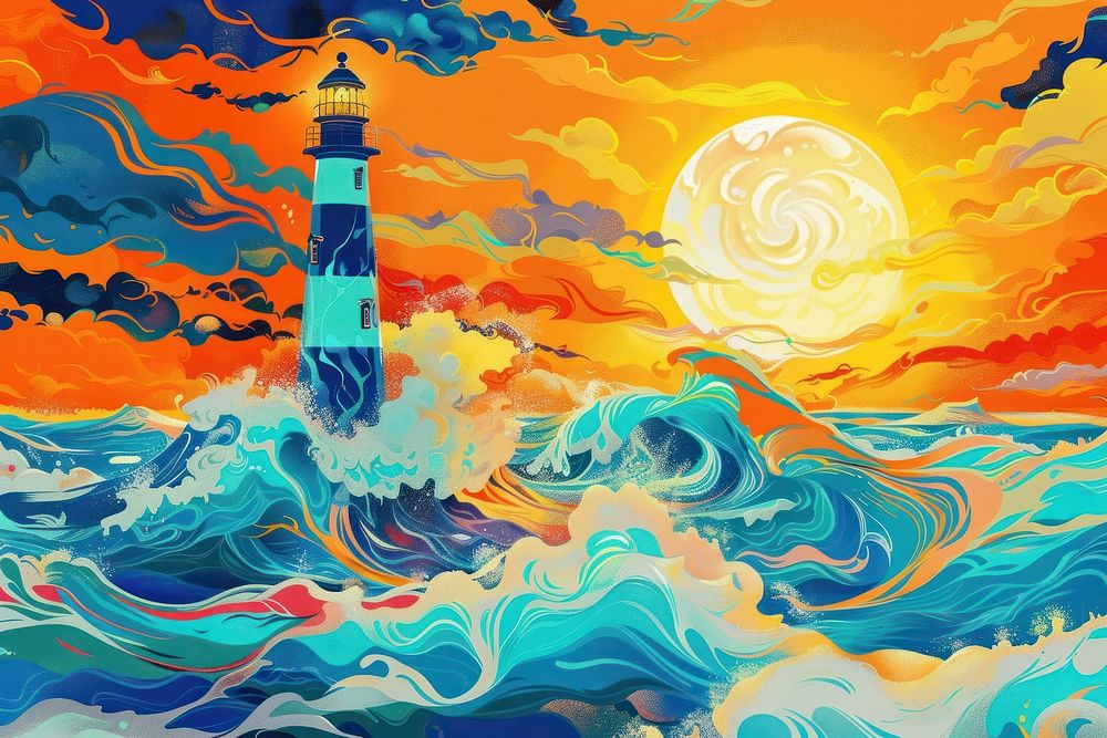 Illustration lighthouse in the sea painting cartoon tower.
