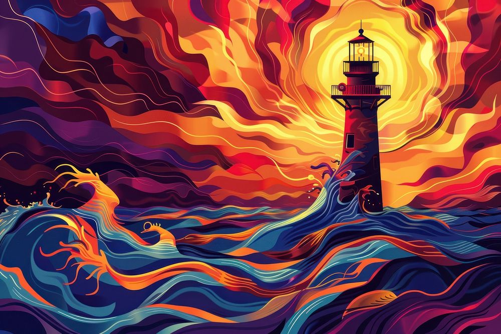 Illustration lighthouse in the sea architecture outdoors painting.