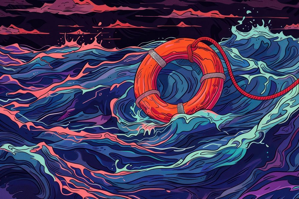 Illustration Lifebuoy floats in rough sea waters backgrounds lifebuoy painting.