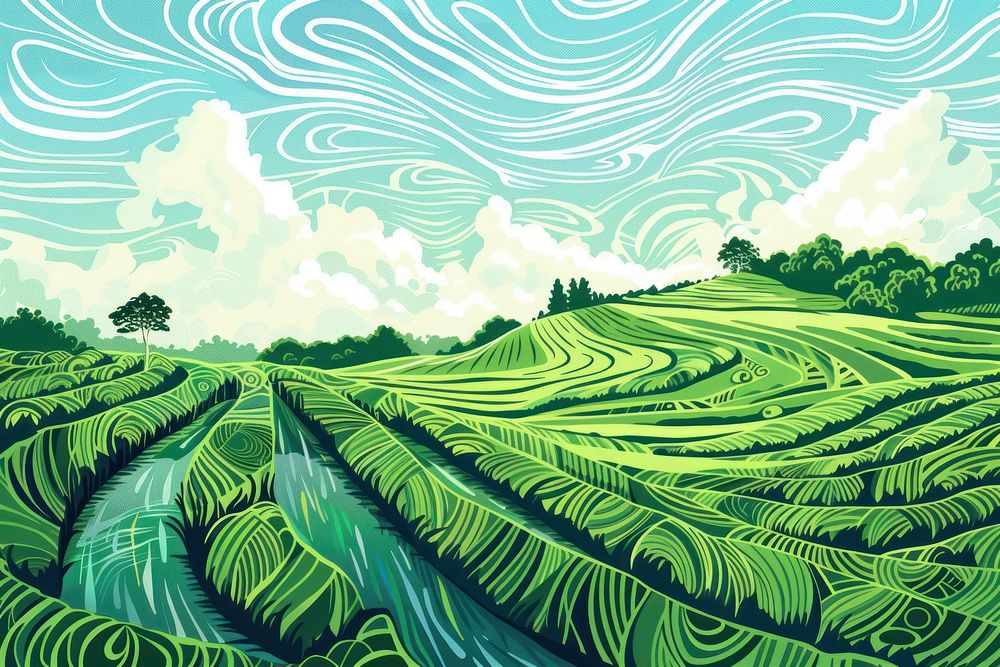 Illustration Paddy rice field agriculture backgrounds landscape.