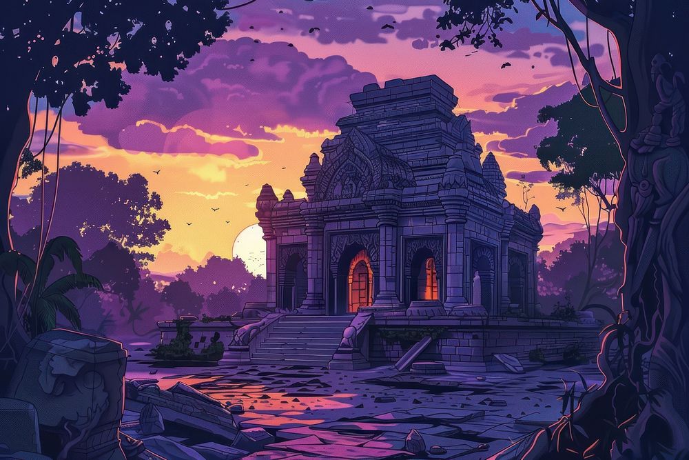 Illustration Ruins of old Hindu temple in jungle at sunset cartoon spirituality architecture.