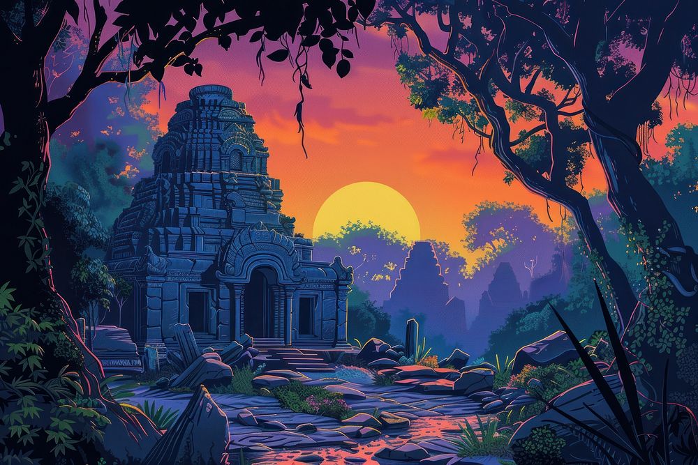 Illustration Ruins of old Hindu temple in jungle at sunset outdoors cartoon nature.