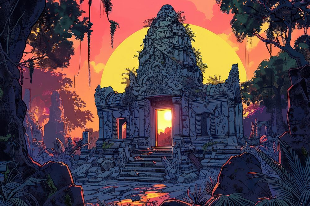 Illustration Ruins of old Hindu temple in jungle at sunset outdoors cartoon spirituality.