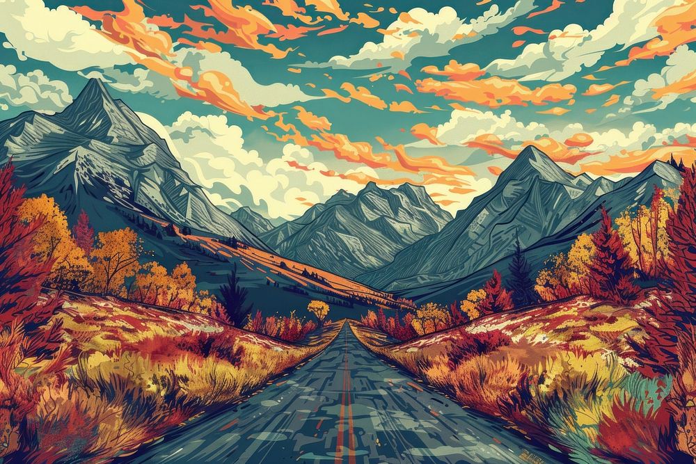 Illustration road leading to autumn mountain scenery painting art landscape.
