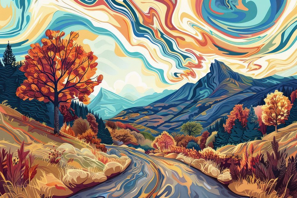 Illustration road leading to autumn mountain scenery painting art outdoors.