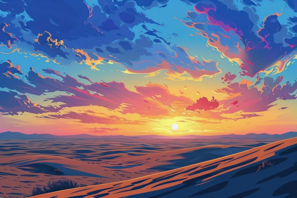 Illustration Sand desert at sunset under the sky backgrounds landscape outdoors.