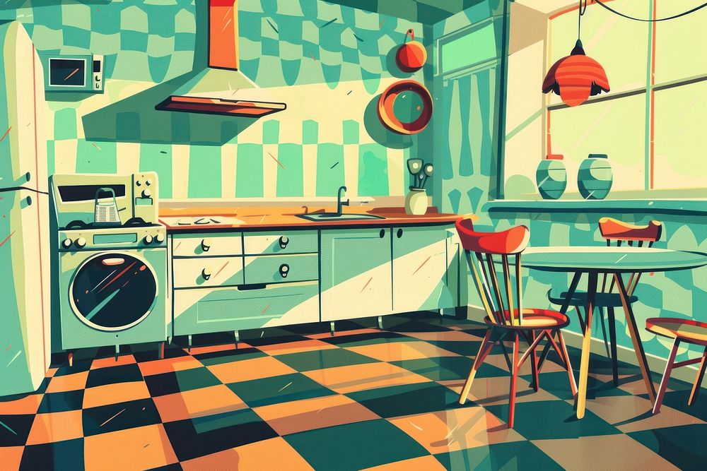 Illustration Scandinavian classic kitchen appliance furniture cartoon.