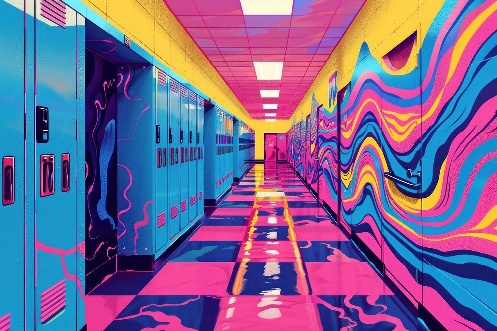 Illustration School corridor with lockers architecture building cartoon.