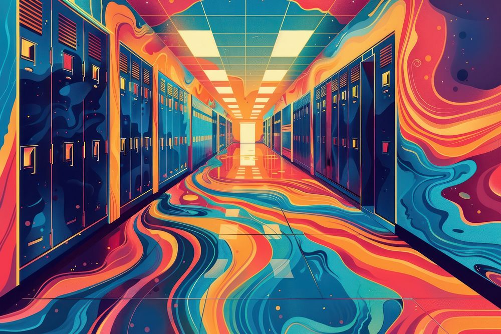 Illustration School corridor with lockers painting architecture backgrounds.