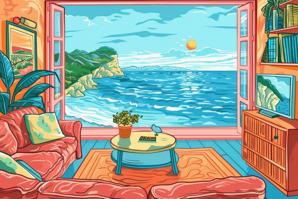 Illustration Sea view living room interior painting sea architecture.