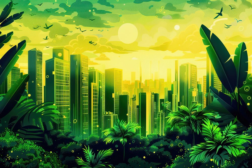 Illustration Spectacular eco-futuristic cityscape full with greenery landscape outdoors nature.