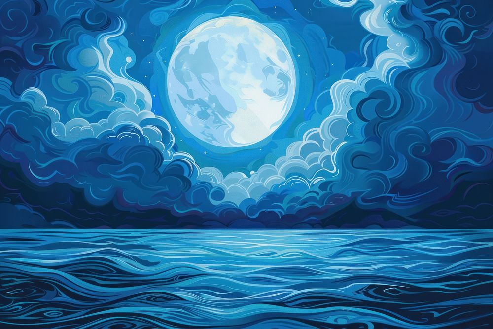Illustration This large full blue moon rises brightly over the cloud bank in this calm ocean painting backgrounds astronomy.