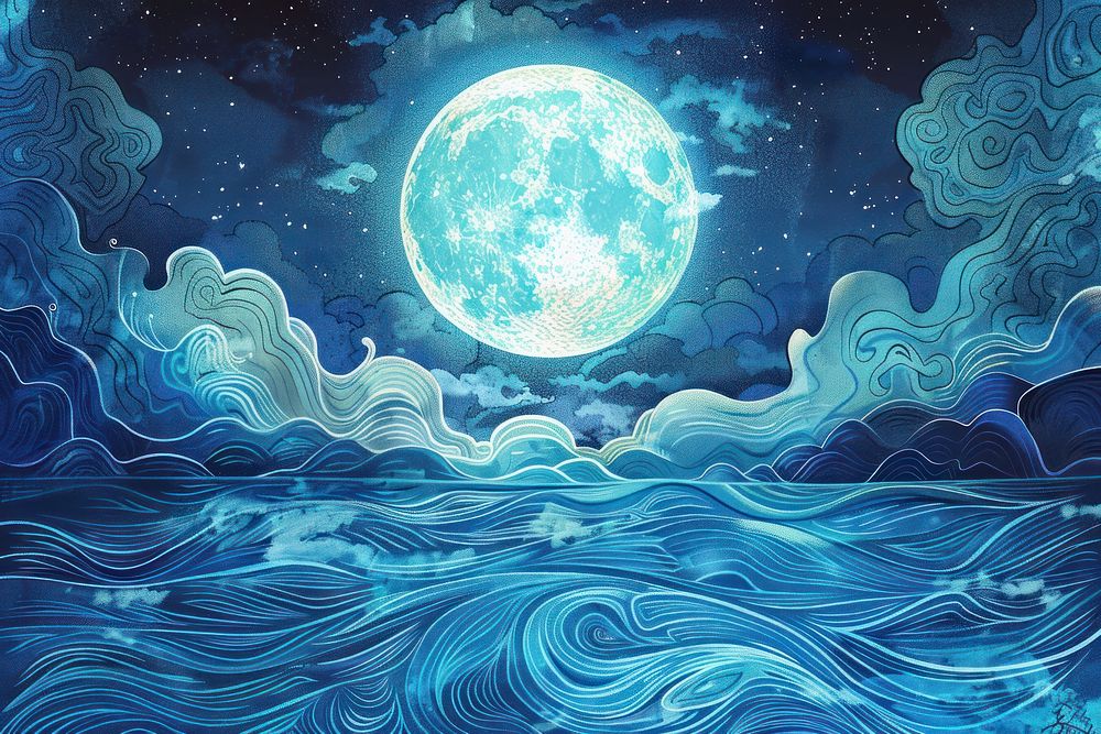 Illustration This large full blue moon rises brightly over the cloud bank in this calm ocean backgrounds astronomy outdoors.