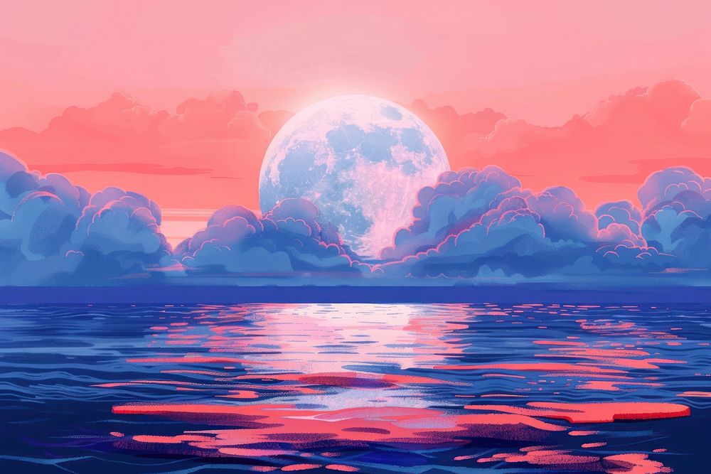 Illustration This large full blue moon rises brightly over the cloud bank in this calm ocean outdoors horizon nature.