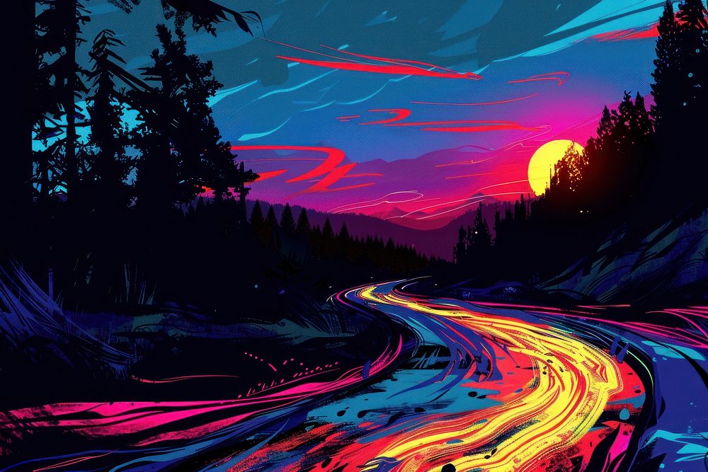 Illustration Trails of light left by acceleration speed motion on night road landscape outdoors cartoon.