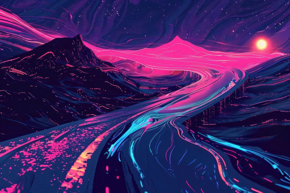 Illustration Trails of light left by acceleration speed motion on night road mountain nature purple.