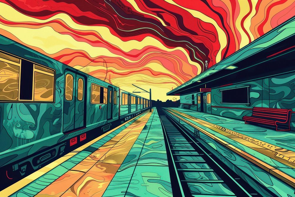 Illustration Train station train painting railway.