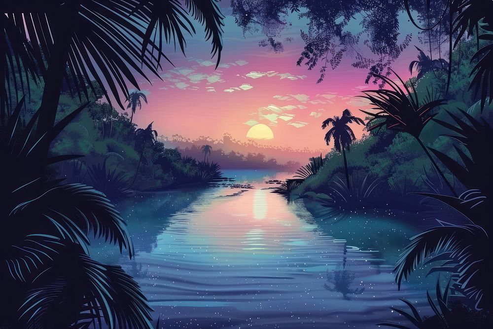 Illustration Tropical rainforest around river covered with mist outdoors painting tropical.