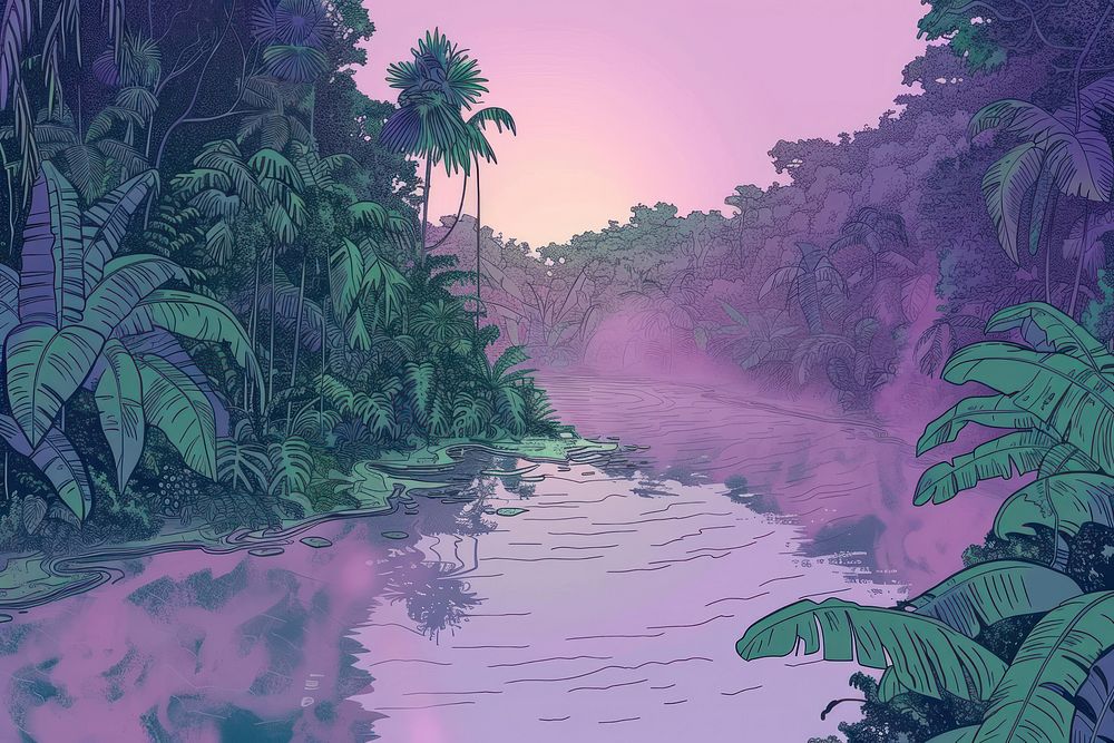 Illustration Tropical rainforest around river covered with mist vegetation outdoors nature.