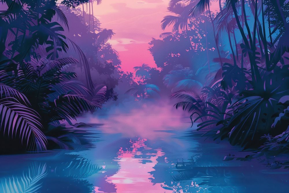 Illustration Tropical rainforest around river covered with mist outdoors tropical tropics.