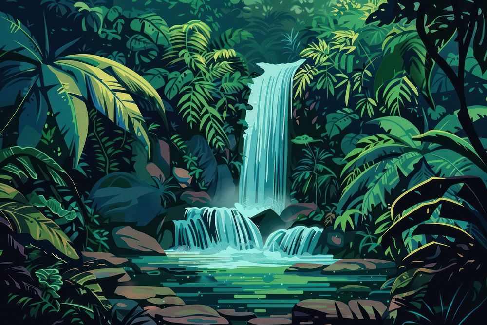 Illustration Tropical rainforest waterfall in the jungle vegetation outdoors tropics.