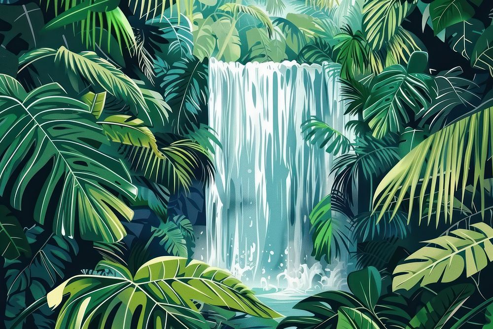 Illustration Tropical rainforest waterfall in the jungle backgrounds vegetation outdoors.