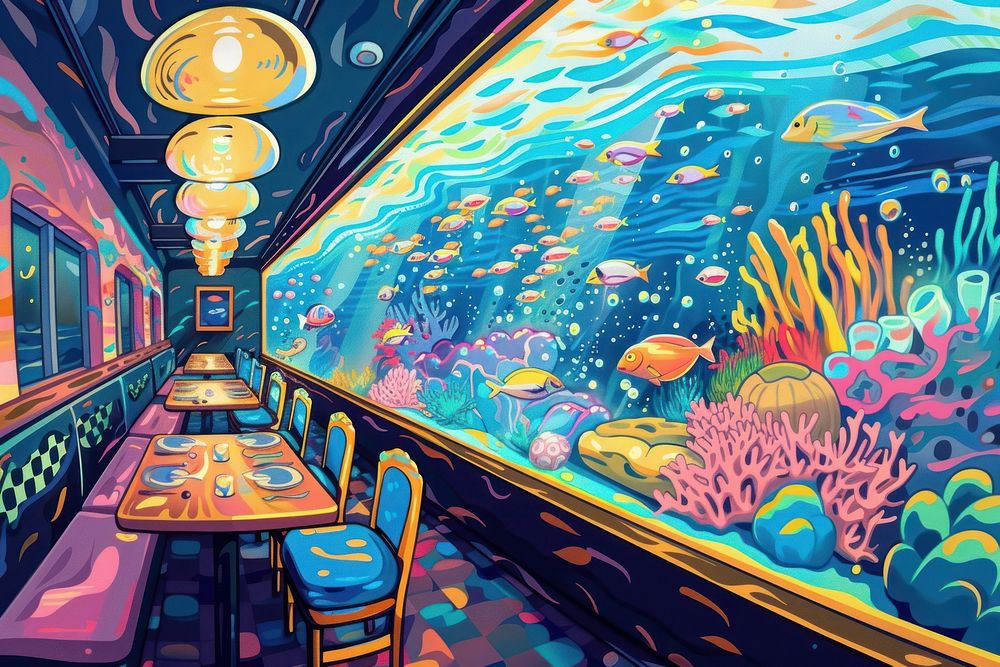 Illustration Underwater Restaurant painting aquarium cartoon.