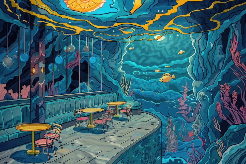 Illustration Underwater Restaurant painting restaurant cartoon.