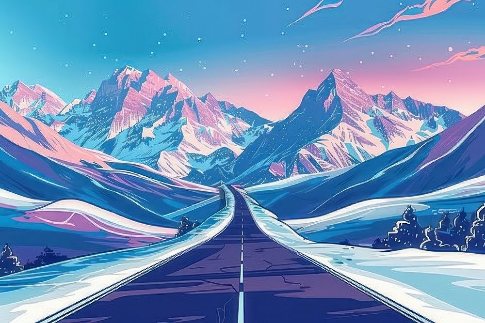 Illustration View of road leading towards snowy mountains landscape cartoon nature.